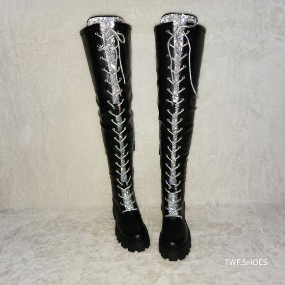 Roscoe Black Combat Thigh High Boots Iridescent Rhinestone Tongue Metallic Laces - Picture 13 of 14
